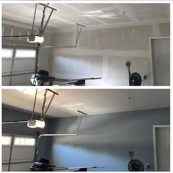 Garage interior before and after painting. White walls and ceiling turn blue-gray. Garage door, opener, and fan visible.
