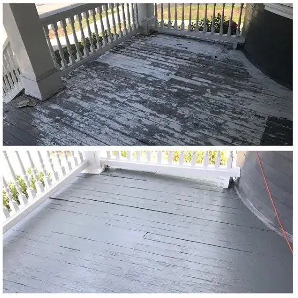 Before and after of a porch floor; peeling gray paint removed and freshly painted in the same gray.