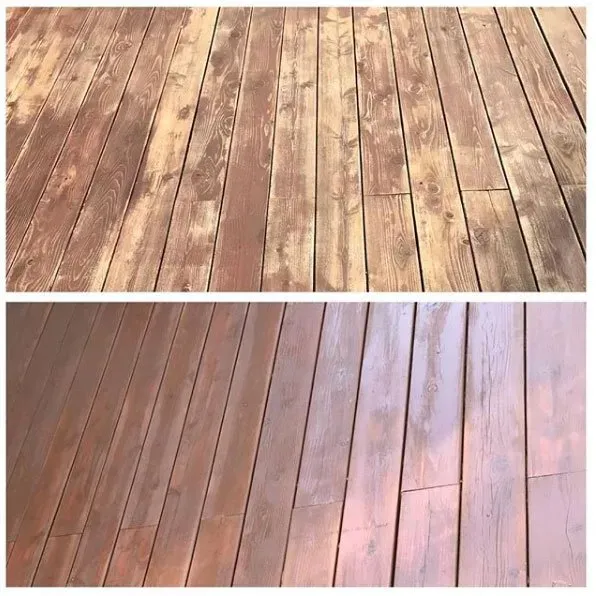 Top: weathered, faded wood deck. Bottom: deck after staining, richer color.