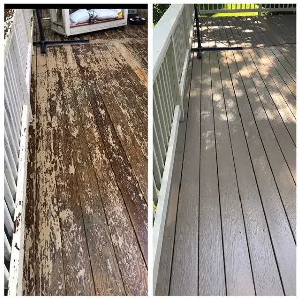 Before and after of a deck. Left: peeling brown paint. Right: deck repainted a uniform neutral color.
