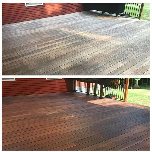 Before and after photos of a stained wooden deck; showing a faded surface and a newly stained, rich brown finish.
