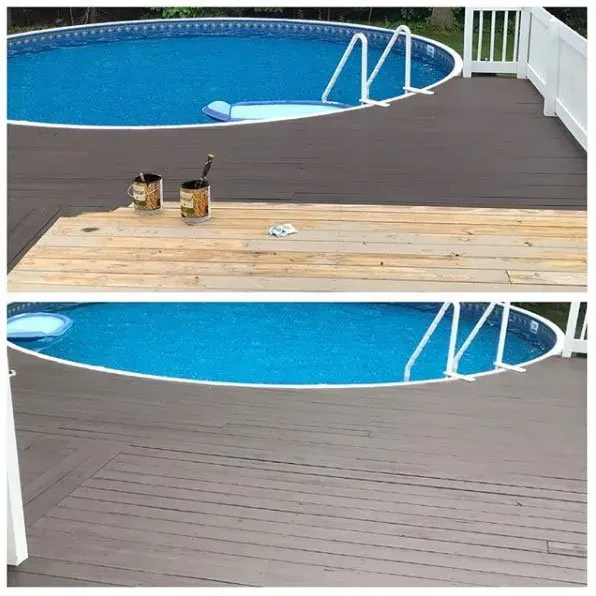 Above ground pool deck makeover: Before and after, showing painted deck with pool and white railing.