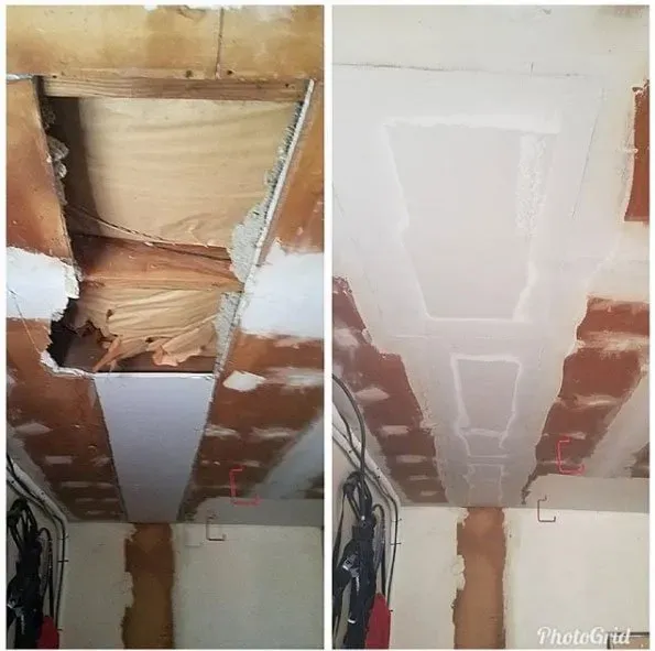 Ceiling repair before and after: damaged ceiling with exposed wood, then patched and painted.