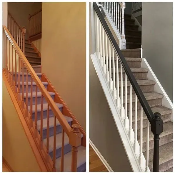 Staircase before and after renovation. The wooden banister and spindles are painted white with a black handrail.