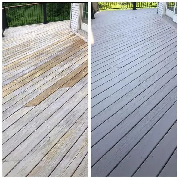 Before and after of a deck. Left side is weathered wood; right is painted gray.