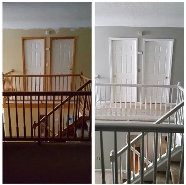 Before and after photos of a home interior. The railing, walls, and doors are painted white, transforming the space.