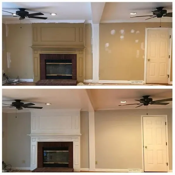 Before and after photos of a room with a fireplace and door; walls painted beige, fireplace trim white.