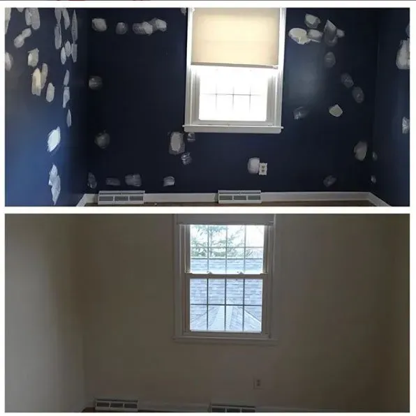 Two photos: a room with blue walls, patched with white; then, the same room painted beige.