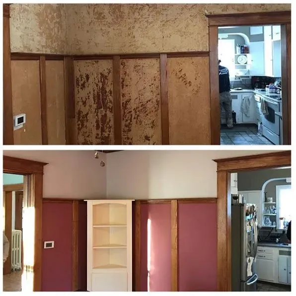 Two views of a room renovation; top shows peeling wall, bottom shows newly painted walls and built-in bookcase.
