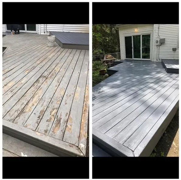 Before-and-after of a wooden deck. The left side is weathered and peeling, the right side is newly painted gray.