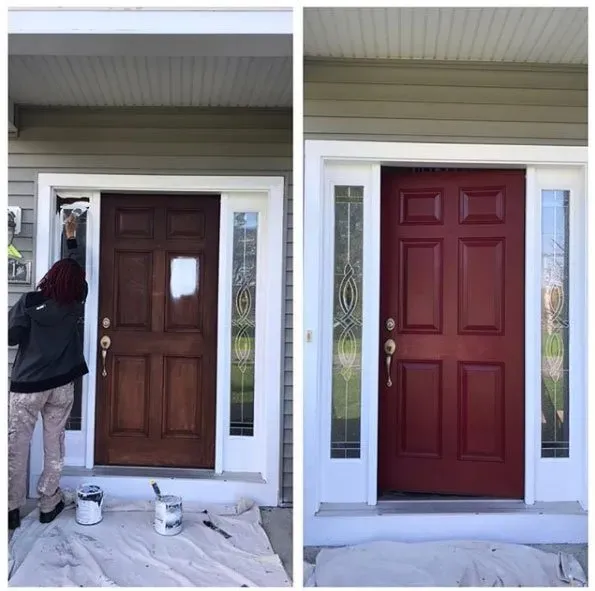 Before and after of a burgundy painted front door. A person paints the door. White trim surrounds the door with side glass panels.
