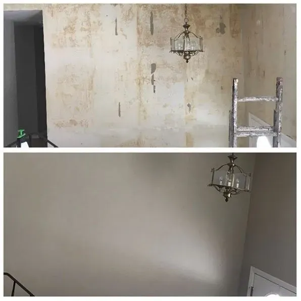 Wall before and after painting. Shows wallpaper removal and a painted wall with a chandelier.