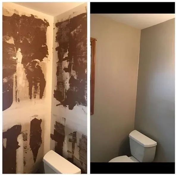 Bathroom renovation: Before (brown plaster damage) and after (gray painted walls, toilet).