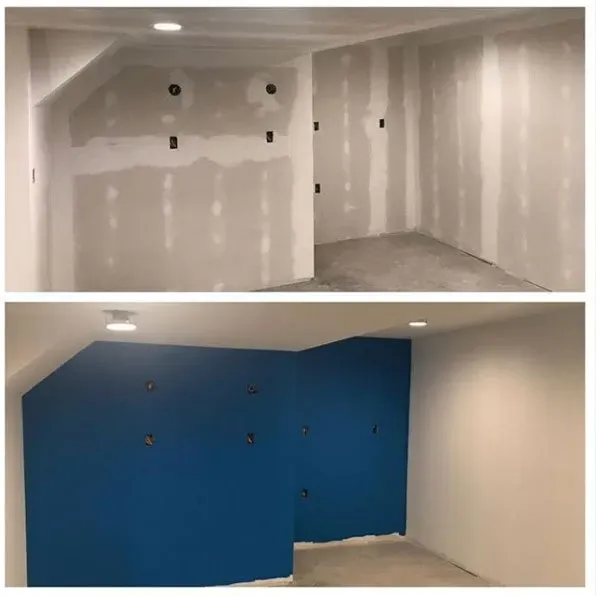 Room renovation before and after: drywall in the upper image, painted blue and white in the lower image.