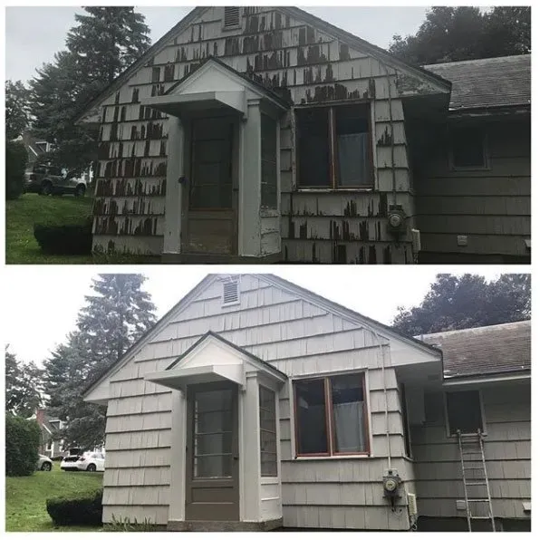 Before and after photos of a house with weathered shingles, showing the house after repainting with gray shingles.