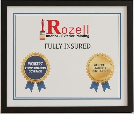 Framed certificate for Rozell Painting, stating it's fully insured with workers' compensation and general liability coverage.