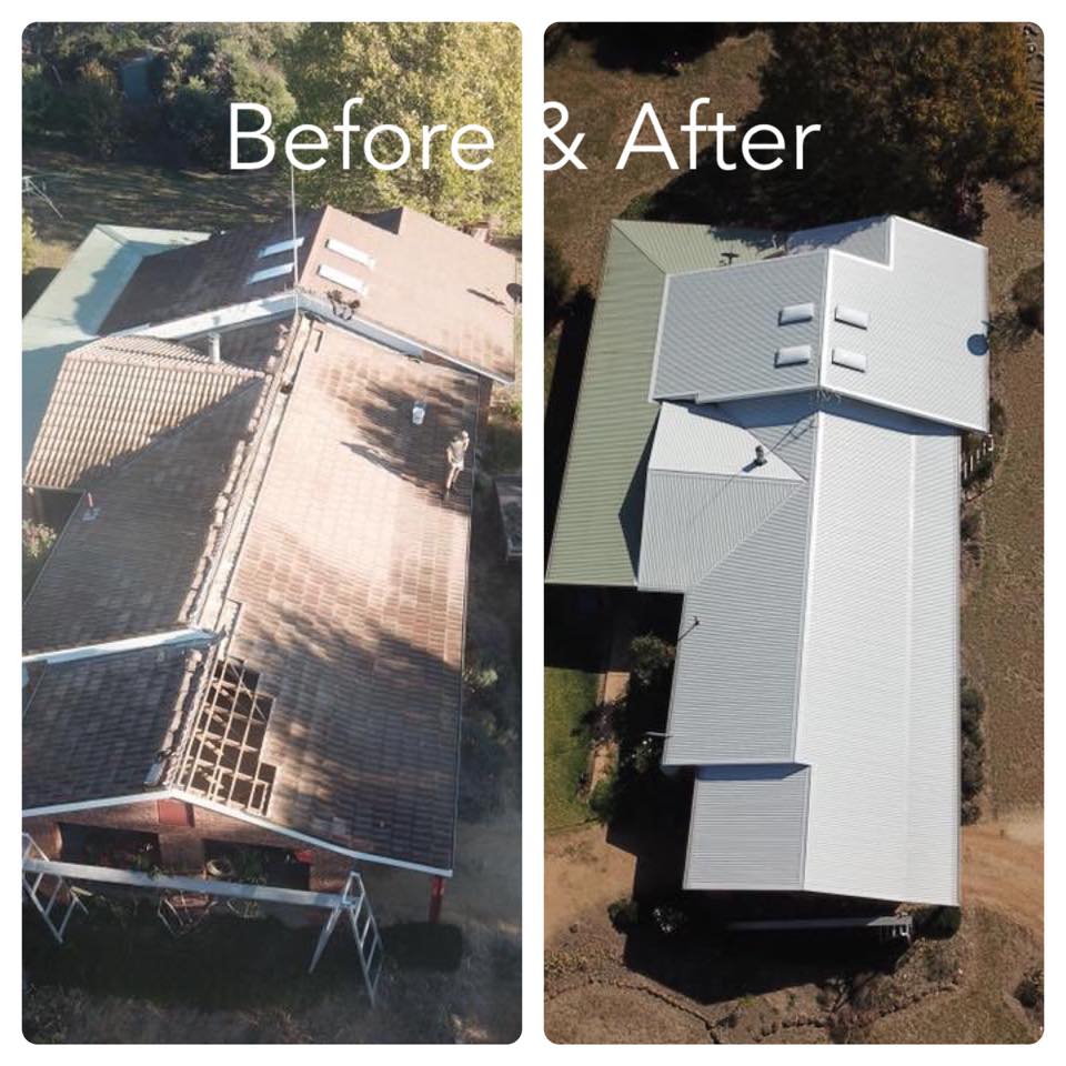Before and after aerial view of a house roof replacement; from worn tiles to new metal panels, with a green extension.