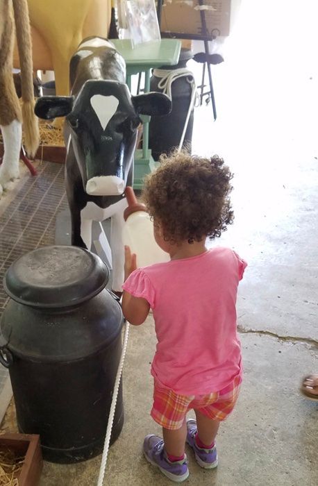 A little girl is pretend feeding milk to a statue of a cow.