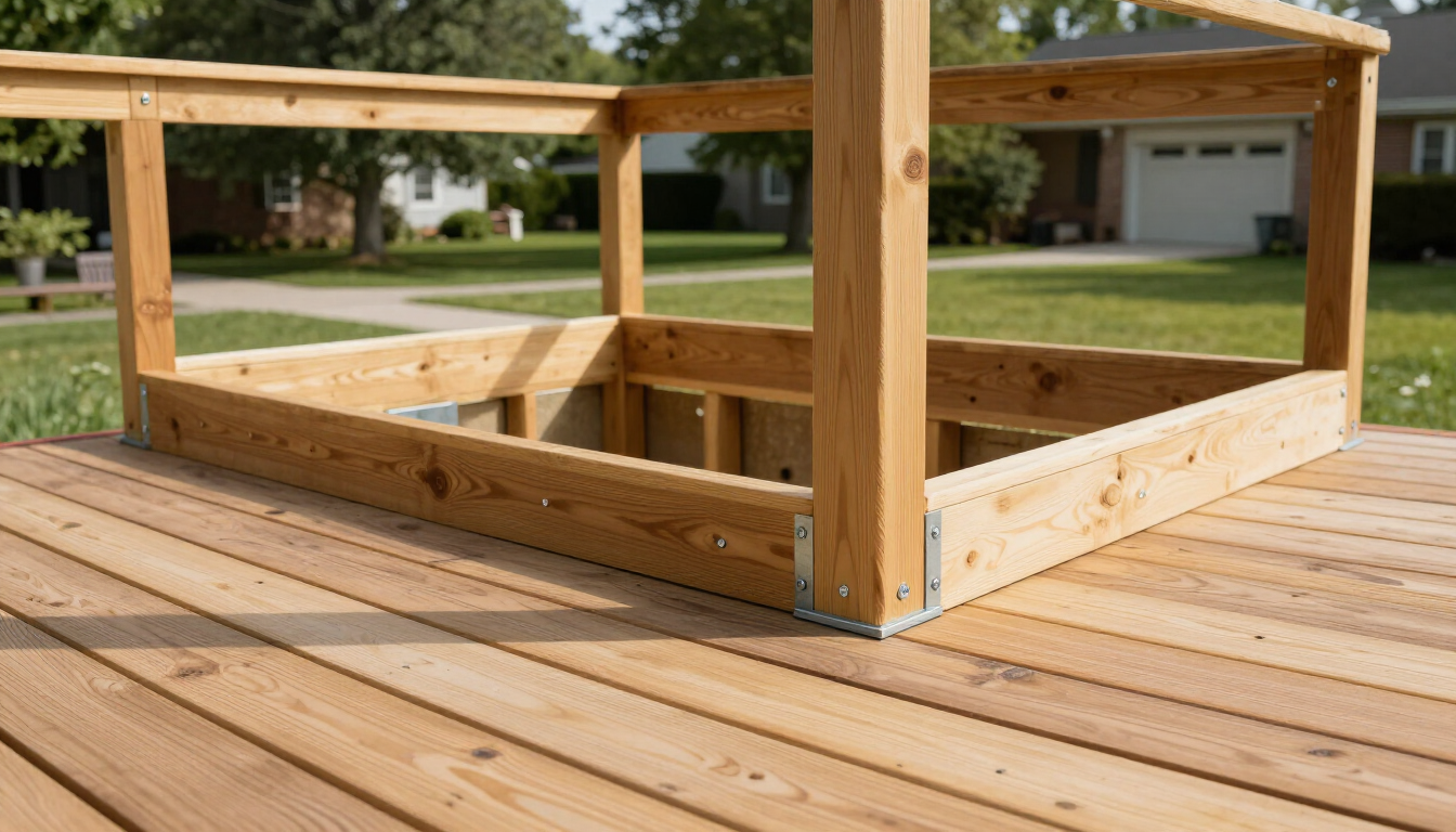 Wooden deck frame being built on a backyard patio, with unfinished railings and open center.