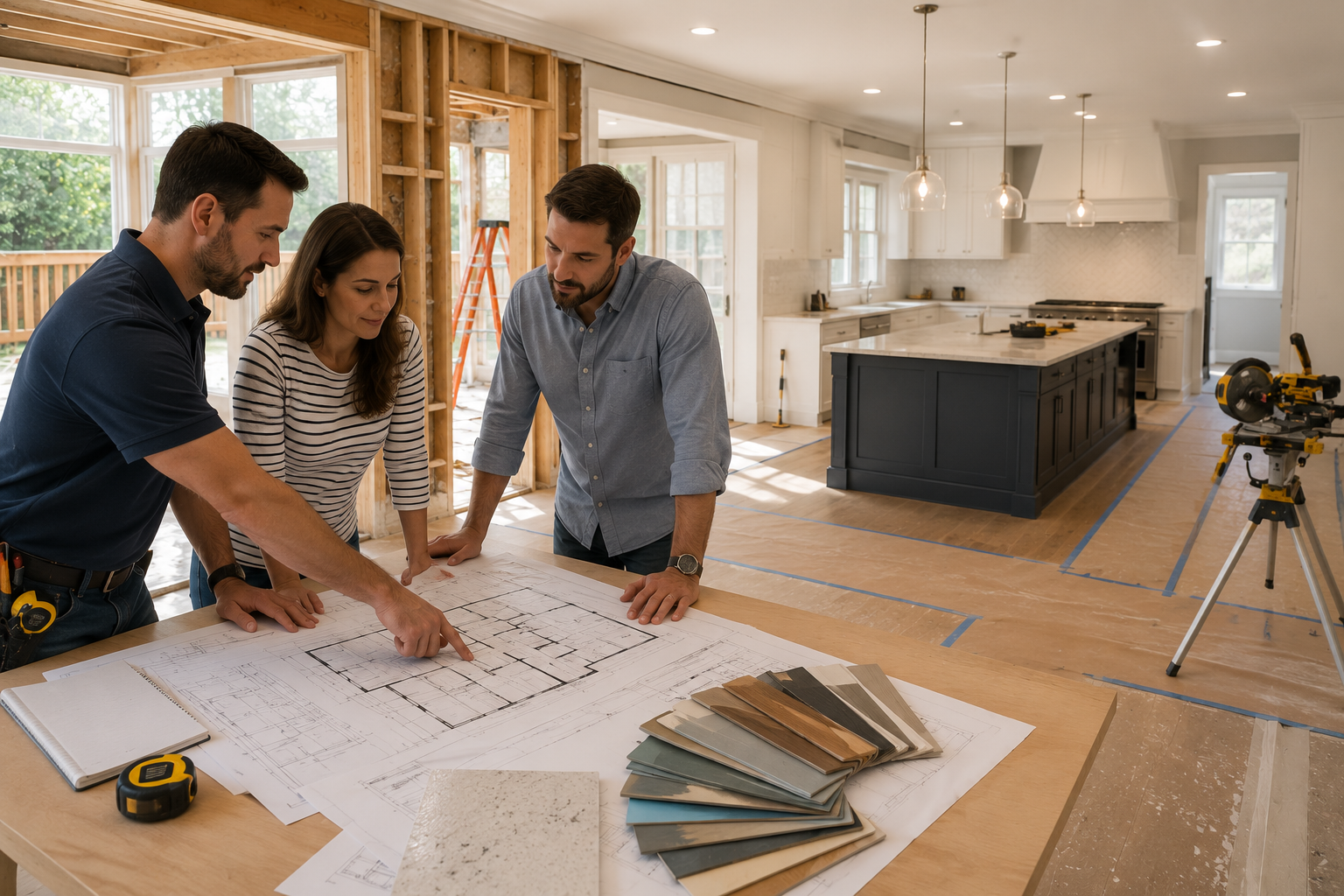 Three people reviewing house plans on a table in a bright kitchen remodel site