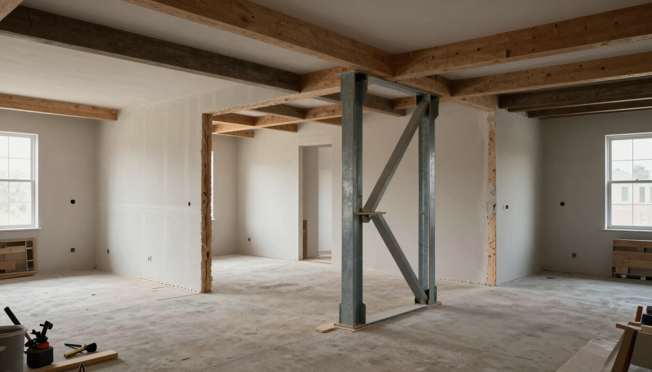Renovated room with exposed beams, white walls, and a central steel support post