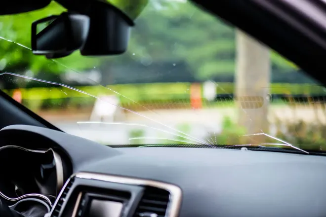 Vista ravvicinata dei tergicristalli e della griglia di protezione in plastica nera di un'auto.