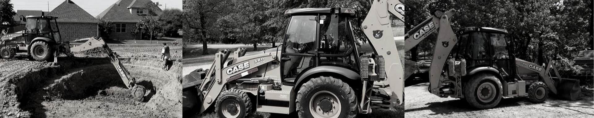 A collage showing a yellow backhoe loader in three stages of excavating earth at a residential job site.