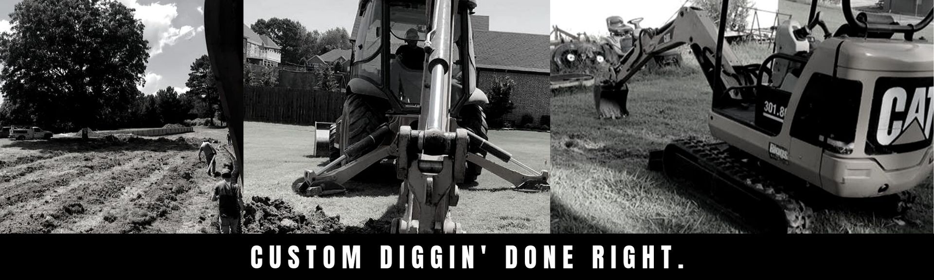 A three-panel image showing a CAT excavator in a rural setting with the text
