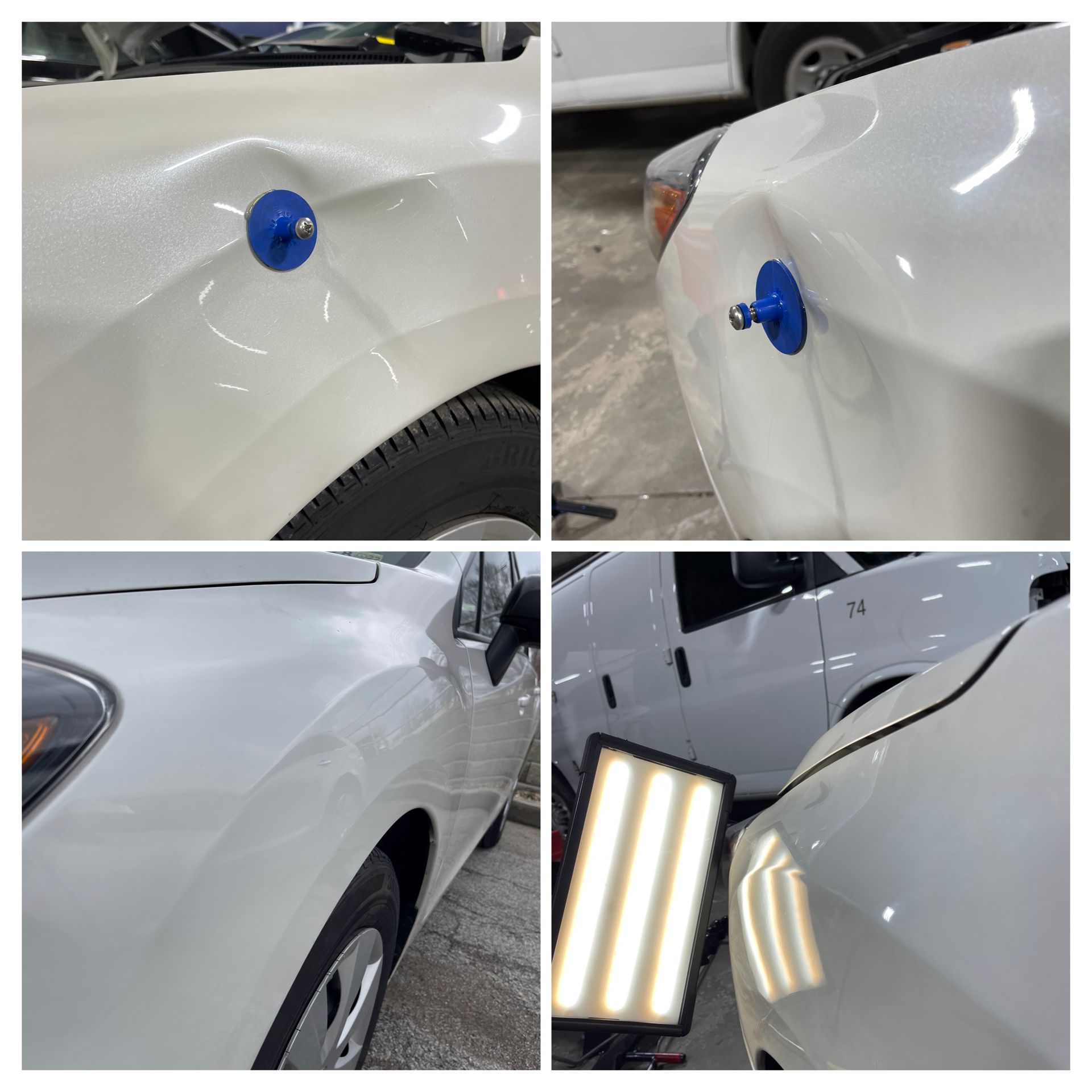 White car dent repair; suction tool used to remove the dents on the vehicle's body.