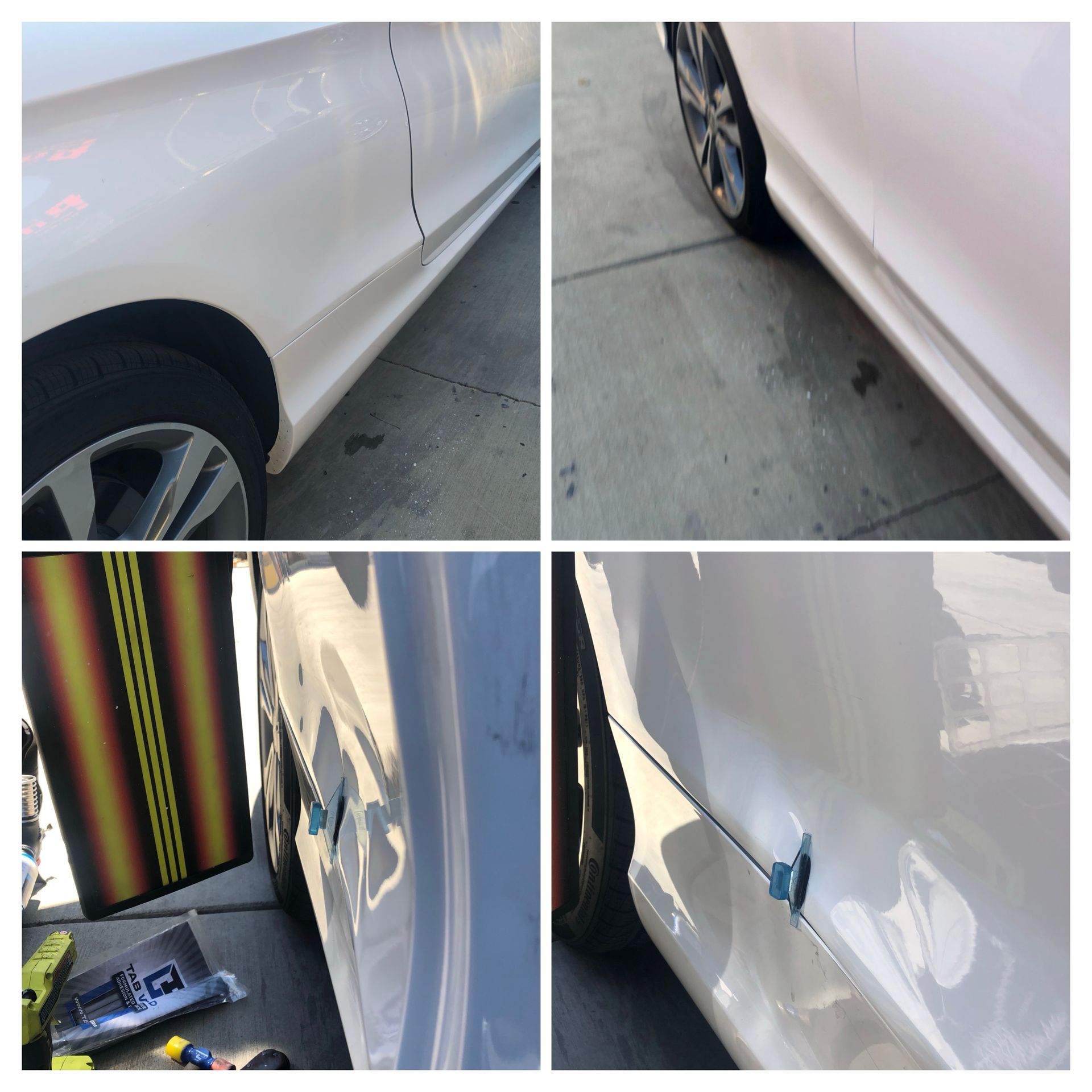 White car with dented door being repaired using tools.