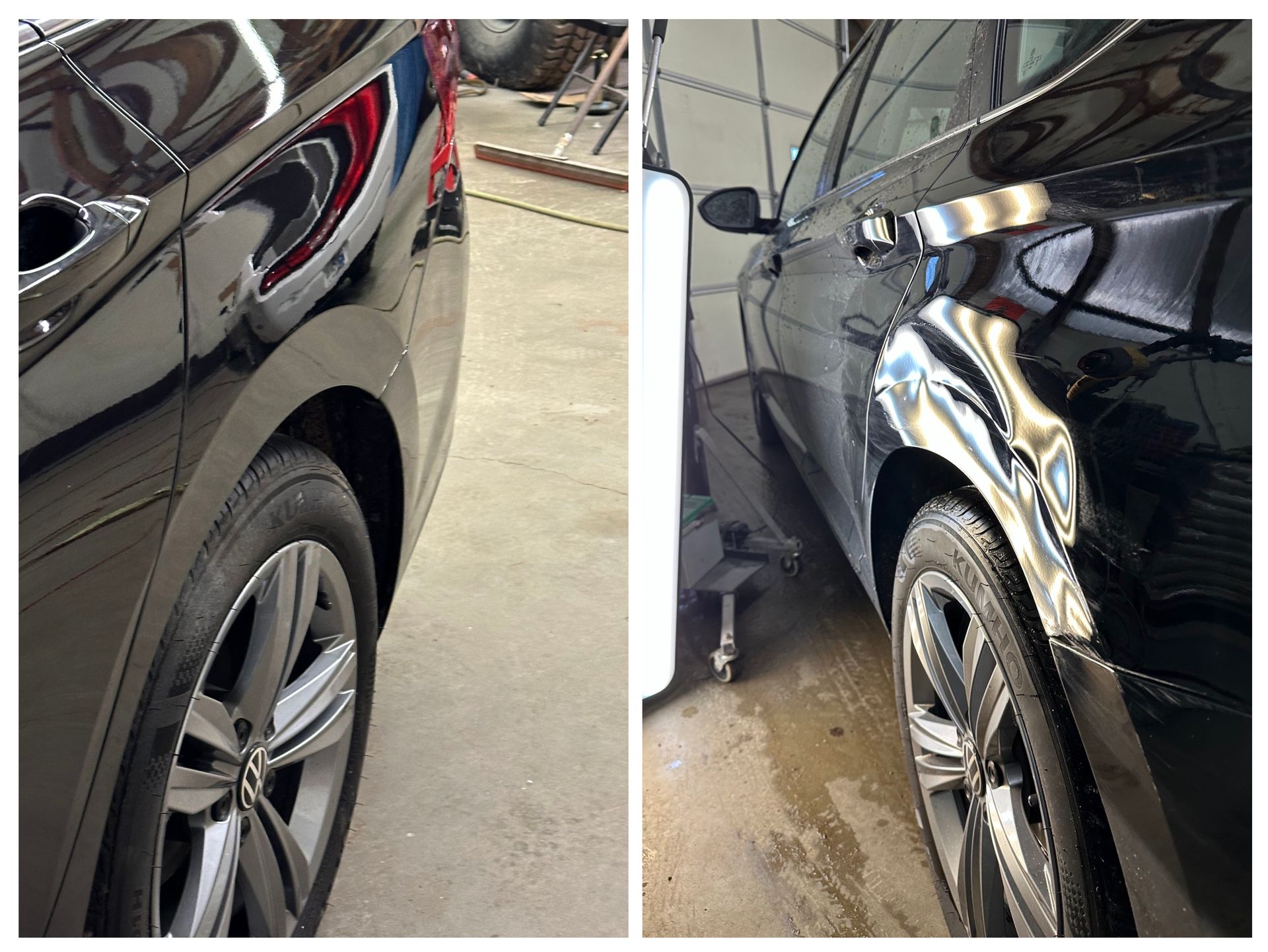 Before & After views of a black car in a garage with a dented rear panel.