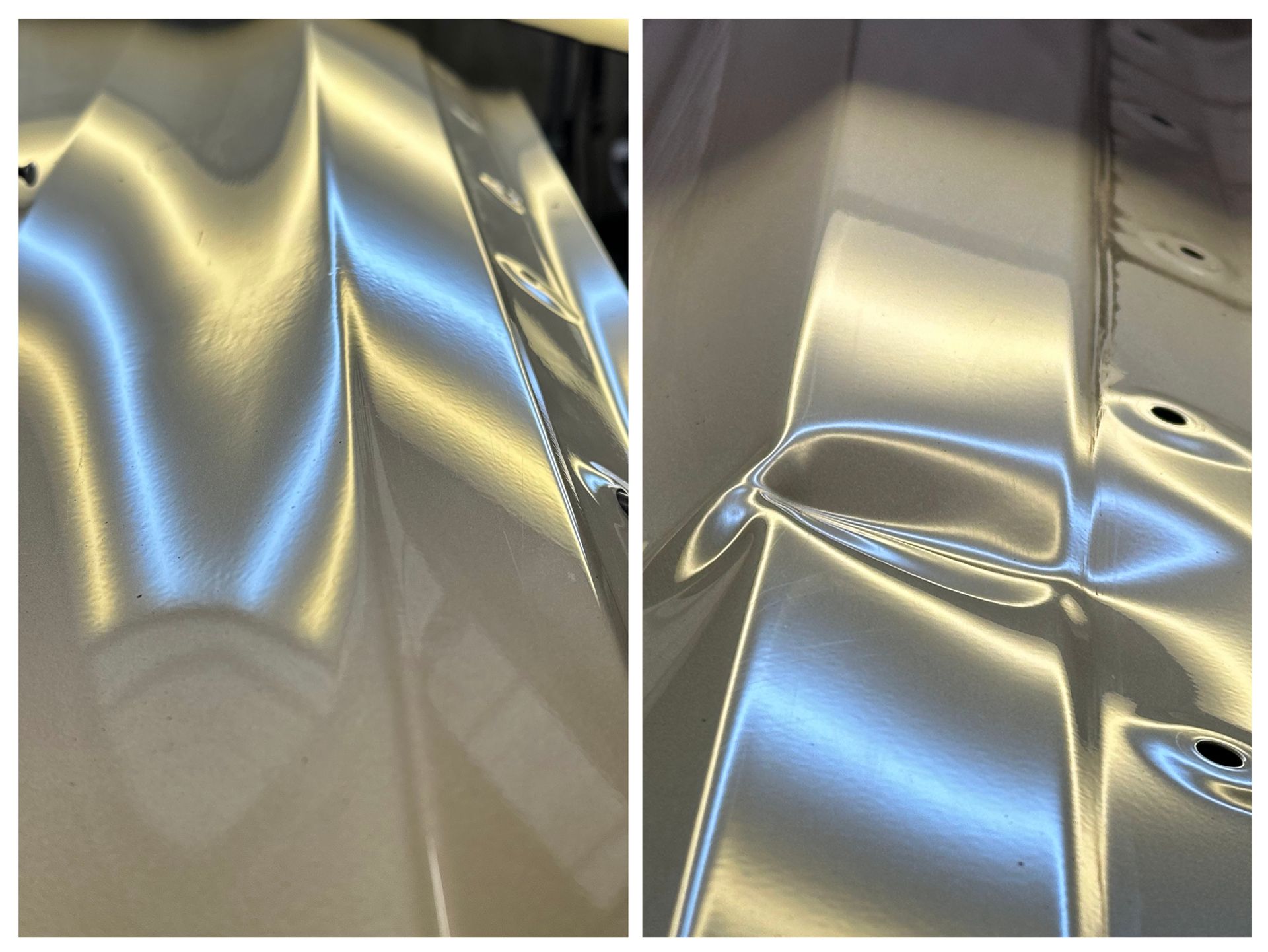 Two views of a car's metal panel showing dents and then smooth surface after dent repair.