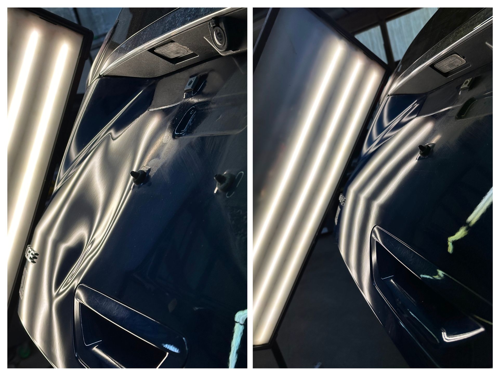 Two photos showing dented blue car panels reflecting repair lights.