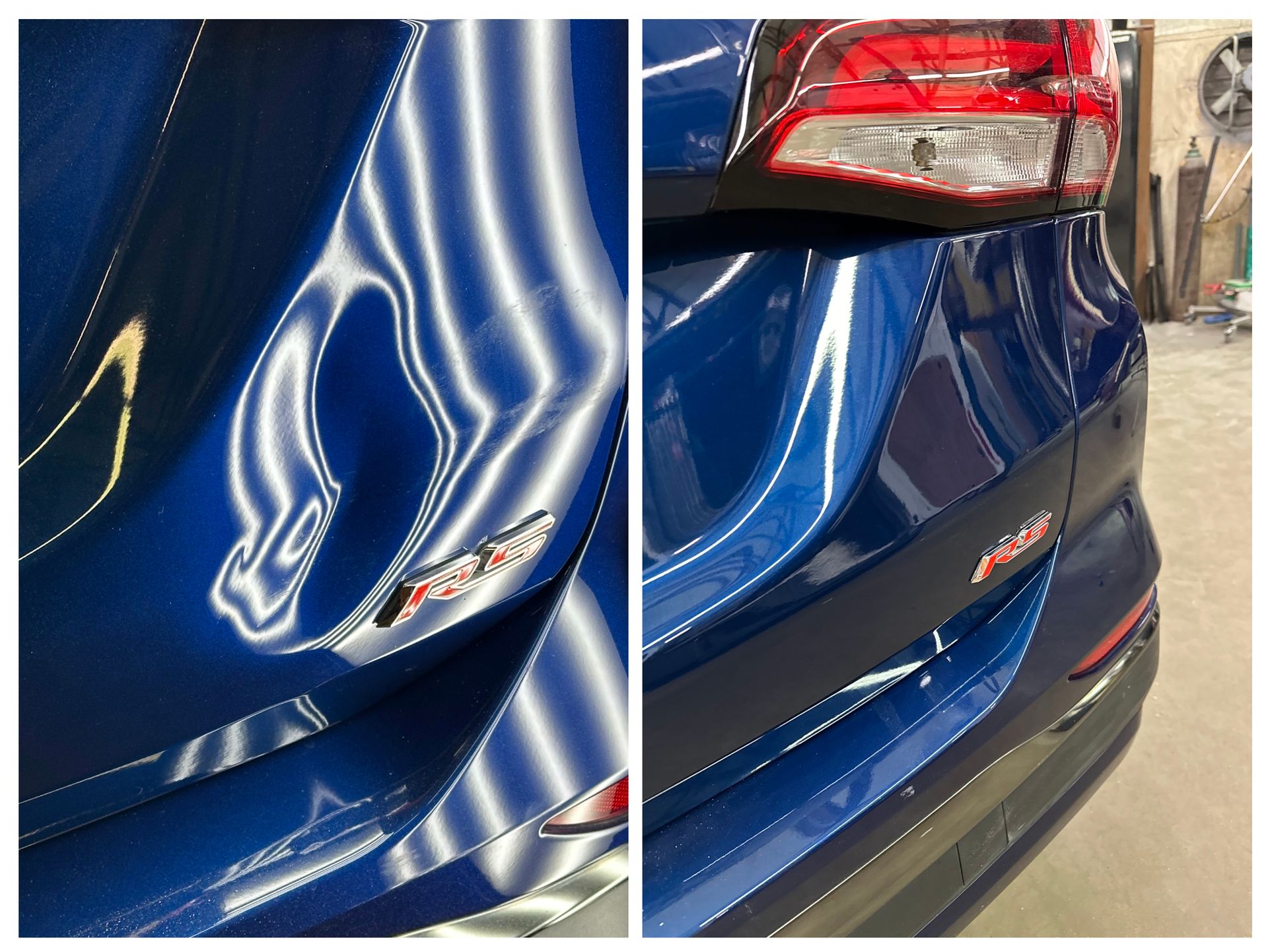 Blue car's rear bumper, dented on left side and repaired on right, displaying reflection highlights.