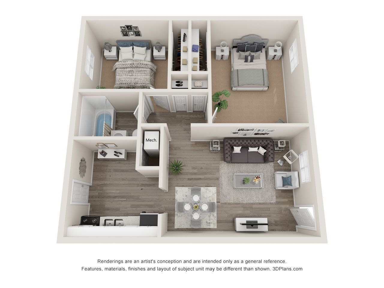 Top-down 3D floor plan of a small apartment with bedroom, bathroom, kitchen, and living room furnishings.