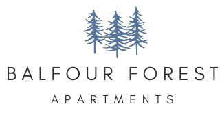 Balfour Forest Apartments logo with three blue pine trees above the name