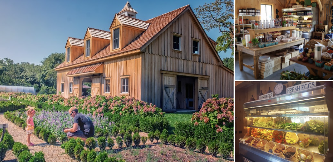 A collage of three pictures of a barn , a garden , and a store.