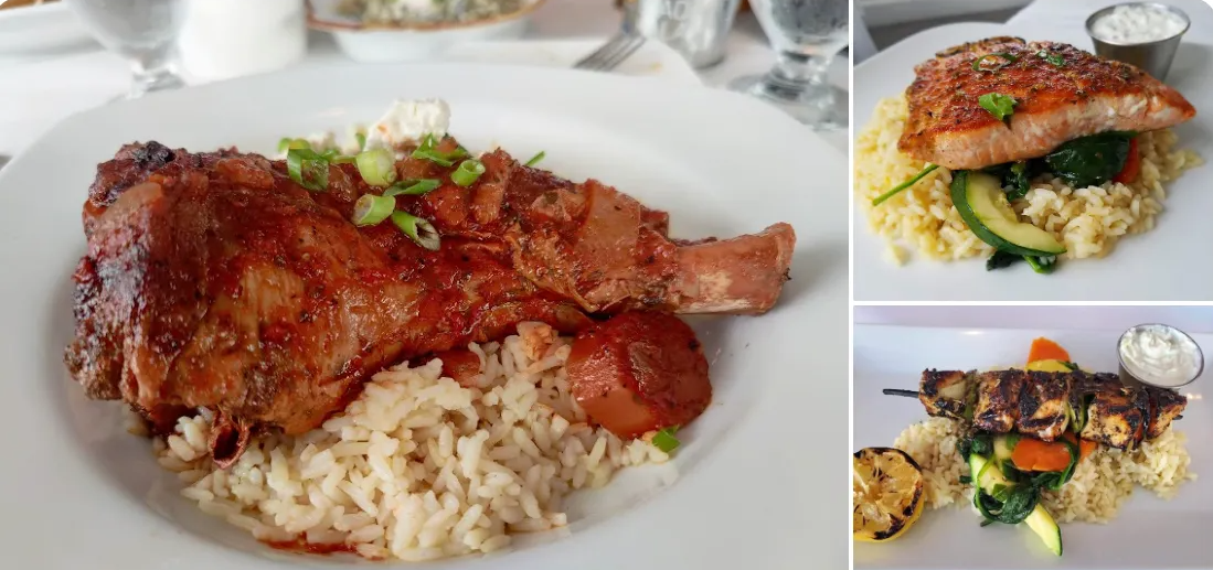 A collage of three pictures of different types of food on a table.
