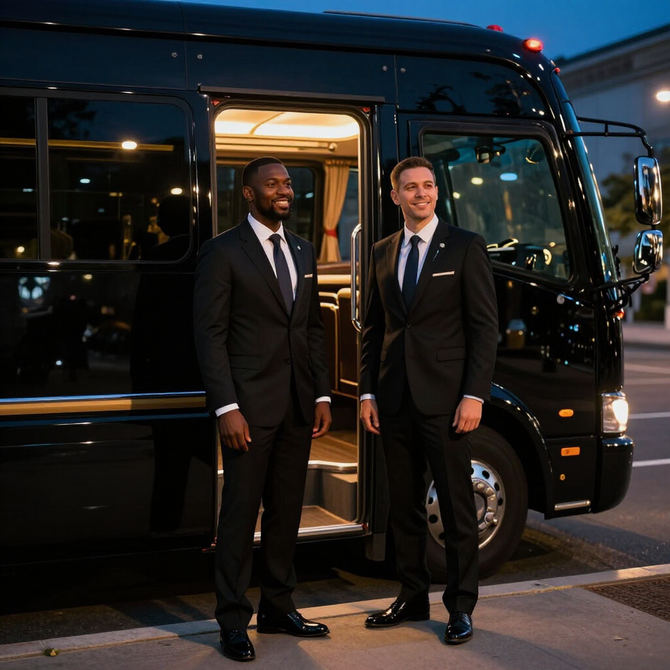 Two men in suits standing by the open door of a black luxury bus at dusk