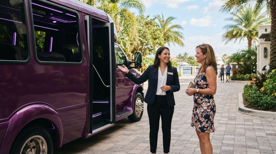 Two women talking beside a purple shuttle van on a sunny palm-lined street