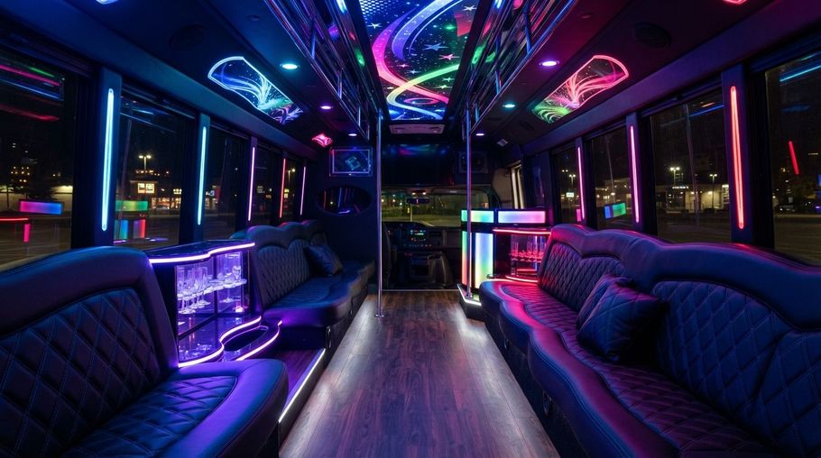 Neon-lit luxury bus interior with purple and blue LED lighting and patterned seats