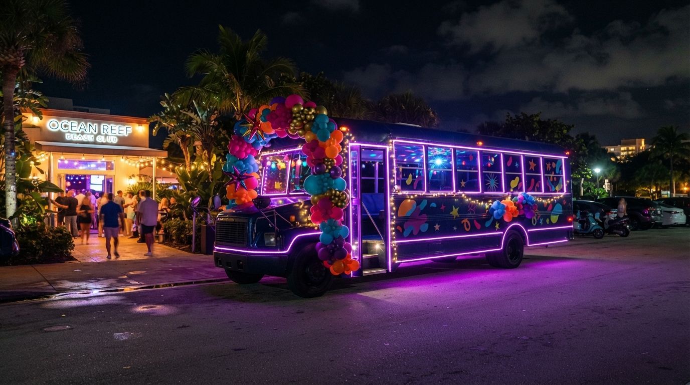 Neon-lit party bus parked at night on a street beside a brightly lit building