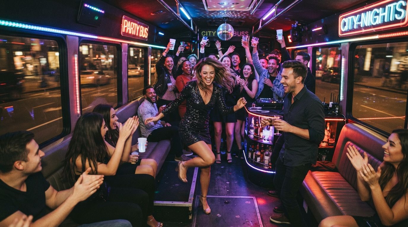 People dancing and socializing inside a neon-lit party bus with purple and red lighting.