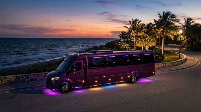 Black van with purple underglow parked by palm trees along a seaside road at sunset