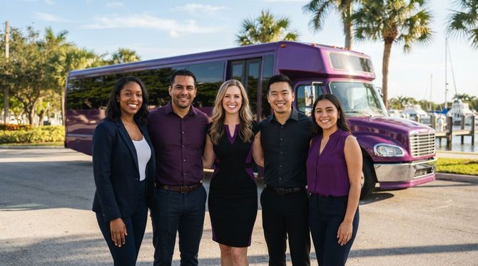 Five people pose in front of a purple bus on a sunny street lined with palm trees.
