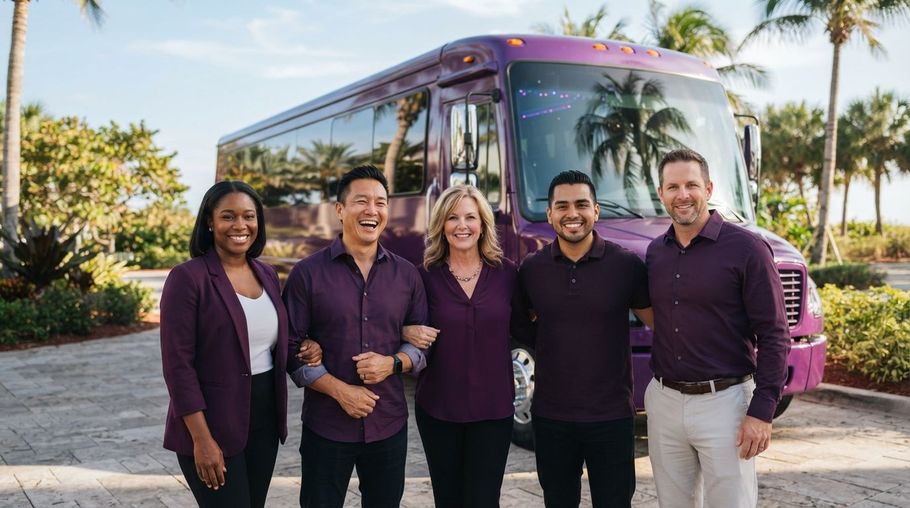 Five people stand smiling beside a purple shuttle bus in a sunny palm-lined parking area.