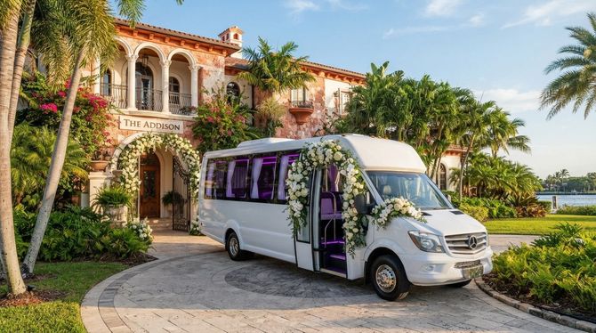 White shuttle van parked in front of a Mediterranean-style villa with palm trees and ocean view