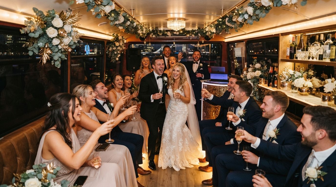 Newlyweds walk down the aisle in a warmly lit, decorated reception aisle as guests applaud and toast.
