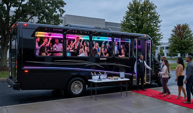 Black party bus with neon lights and people boarding on a red carpet at dusk