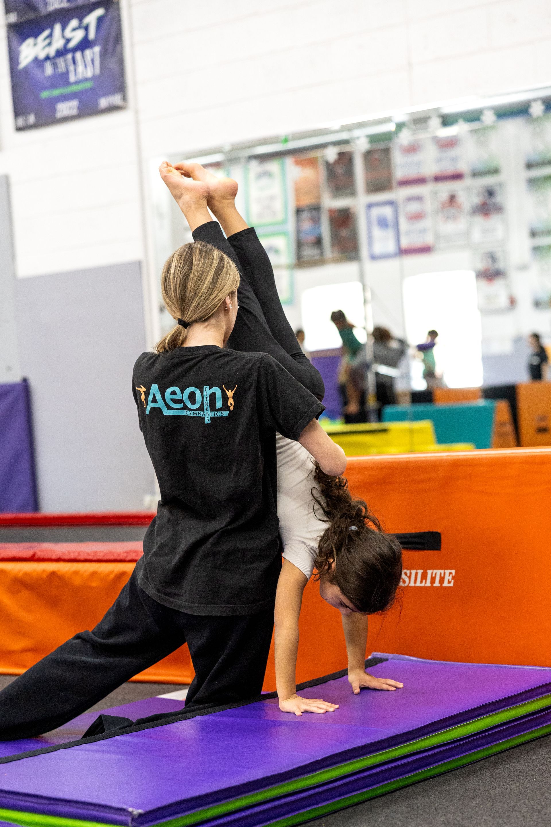 A little girl in a purple leotard is jumping in the air